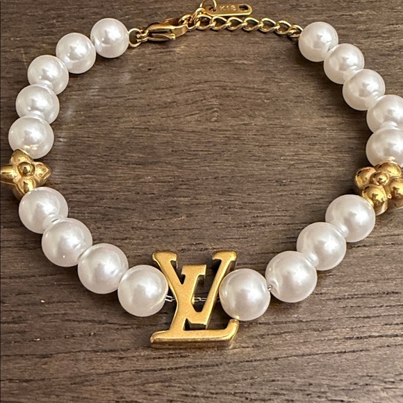 Gold and White Lv Upcycled charm Pearl Bracelet - Picture 2 of 5